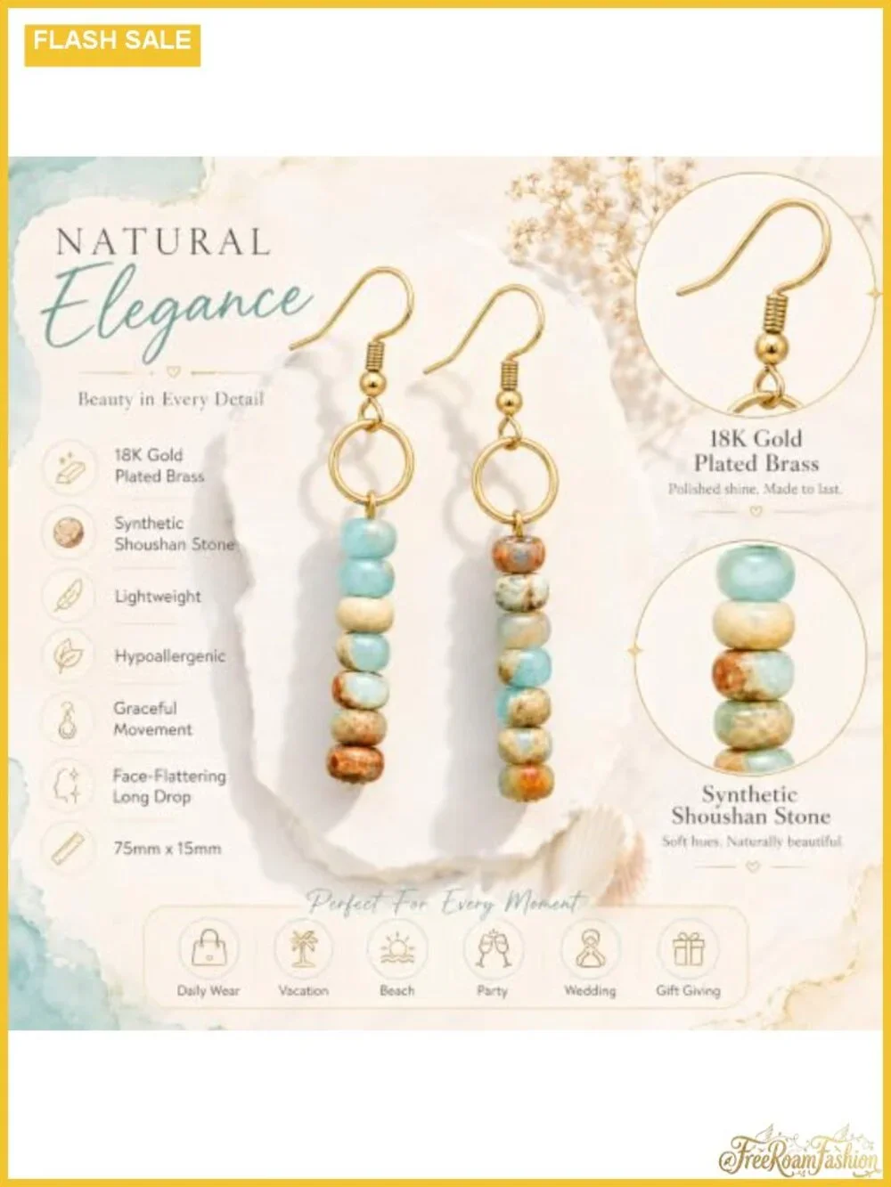 Handmade Boho Gold Dangle Earrings 18K Gold Plated Brass Drop